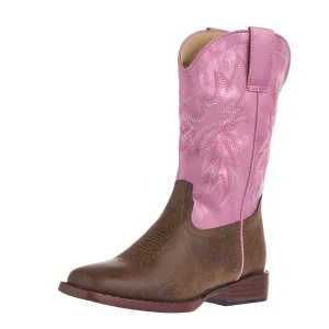 Roper Footwear Little Kid's Gretchen Brown Square Toe with Pink Metallic Shaft Boot