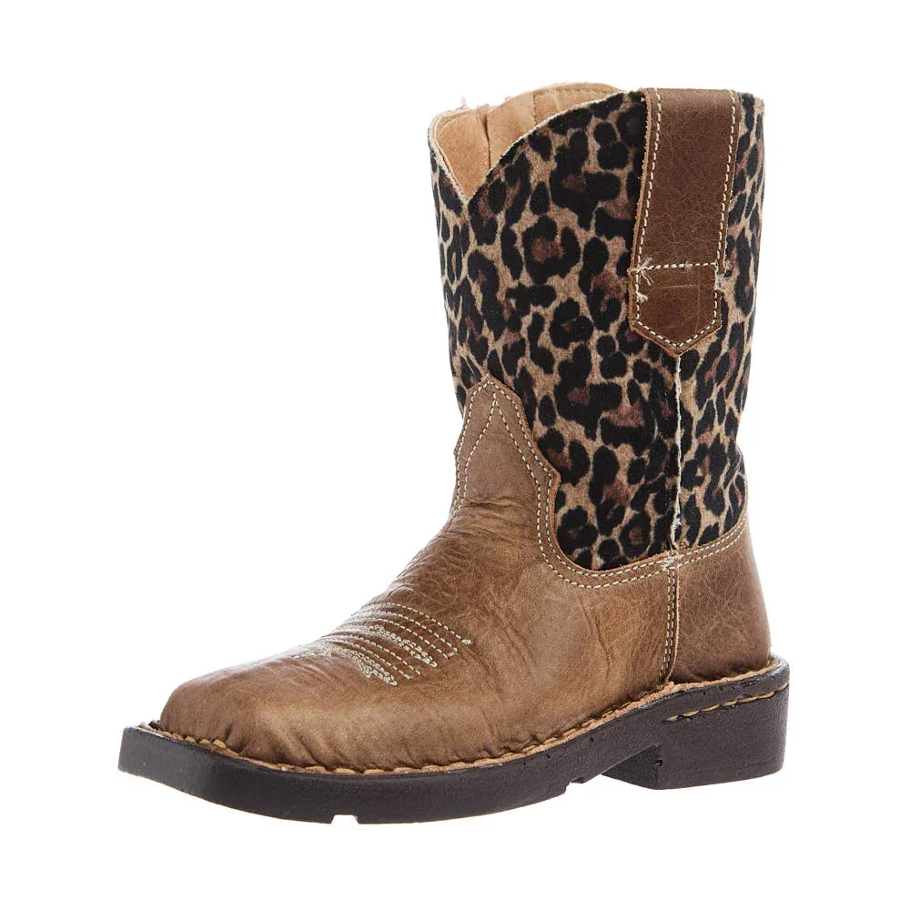 Roper Footwear Toddlers Brown Leather Vamp with Cheetah Top Square Toe Boot