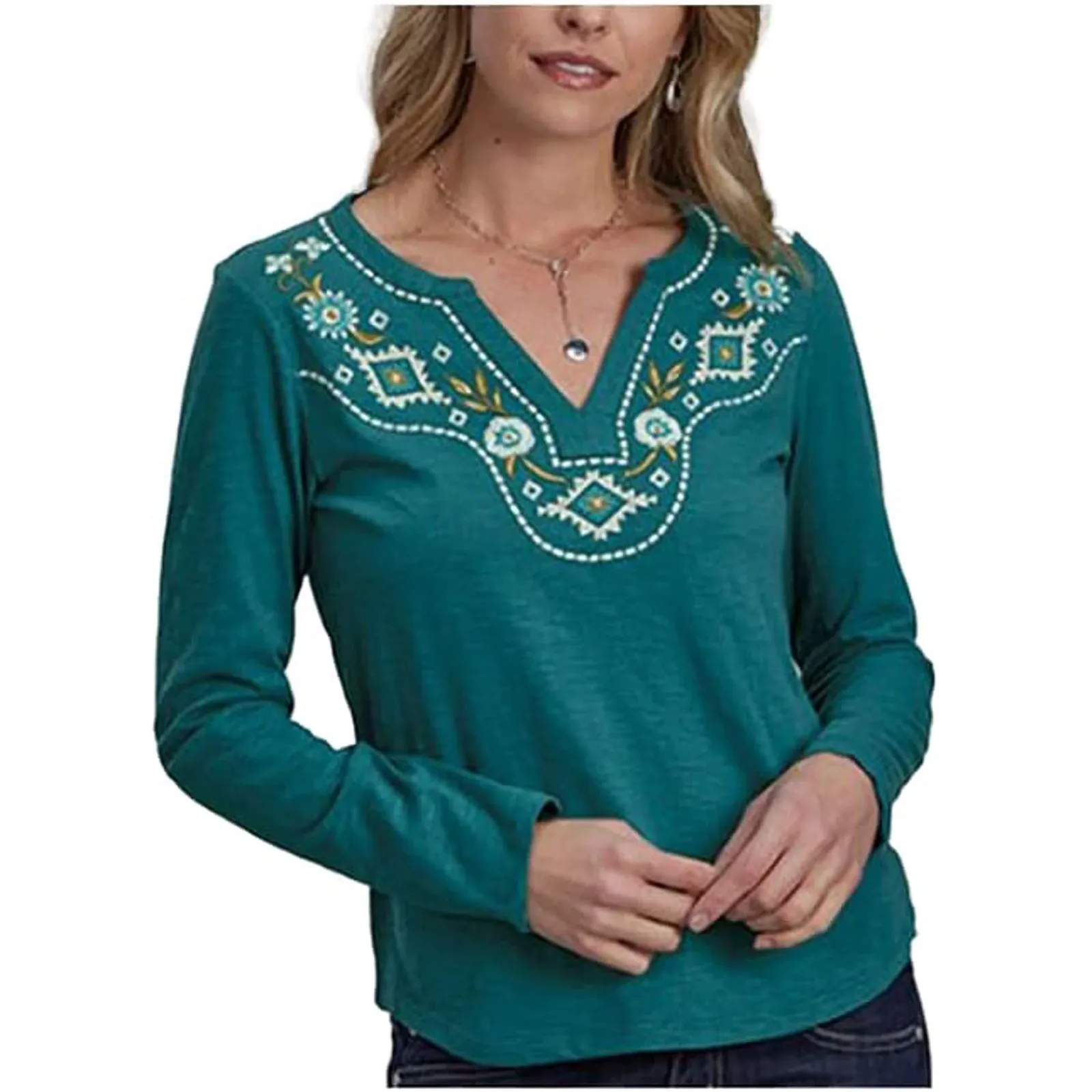 ROPER Womens Teal Aztec Embroidery Long Sleeve Shirt - Image 2