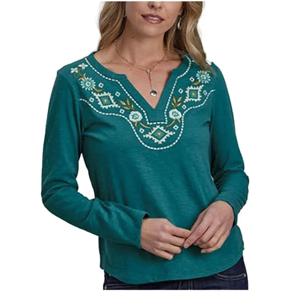 ROPER Womens Teal Aztec Embroidery Long Sleeve Shirt