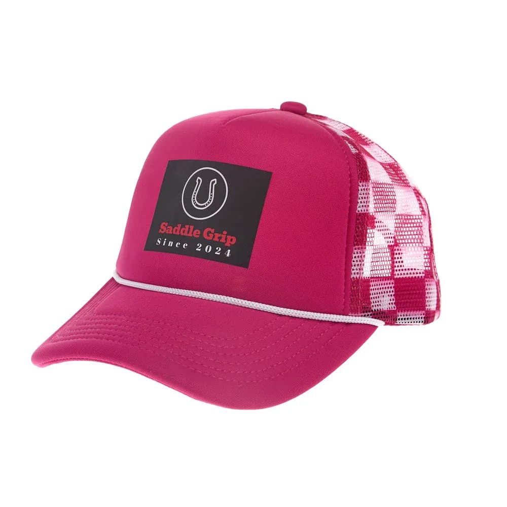 Saddle Grip White and Pink Checkered Trucker Cap