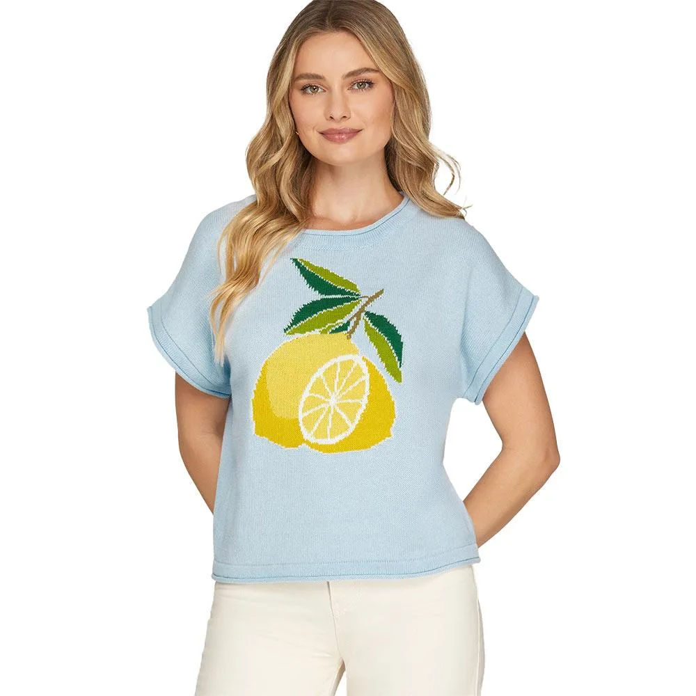 She & Sky Women's Light Blue Lemon Print Top