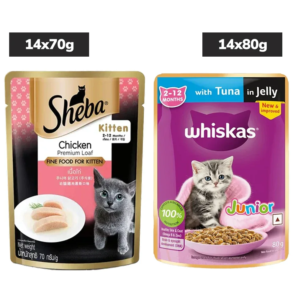 Sheba Chicken Loaf and Whiskas Tuna in Jelly Kitten Cat Wet Food Combo