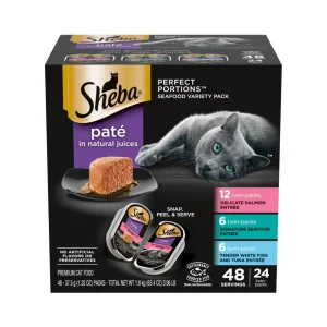 Sheba Perfect Portions Pate in Natural Juices Wet Cat Food - Seafood Variety Pack (Salmon, Seafood, Whitefish & Tuna), 1.32 oz (24 Twin-Packs)
