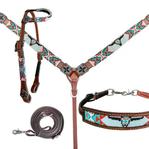 Showman® 4-Piece Longhorn Beaded Headstall, Reins, Wither Strap & Breast Collar Set