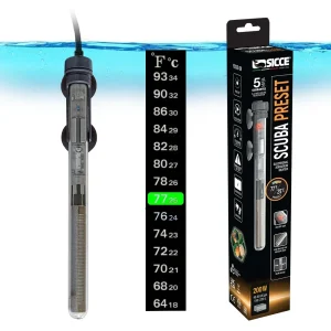 SICCE Scuba 200 Watt Aquarium Fish Tank Heater Preset at 77℉ For Up to 60 Gallons