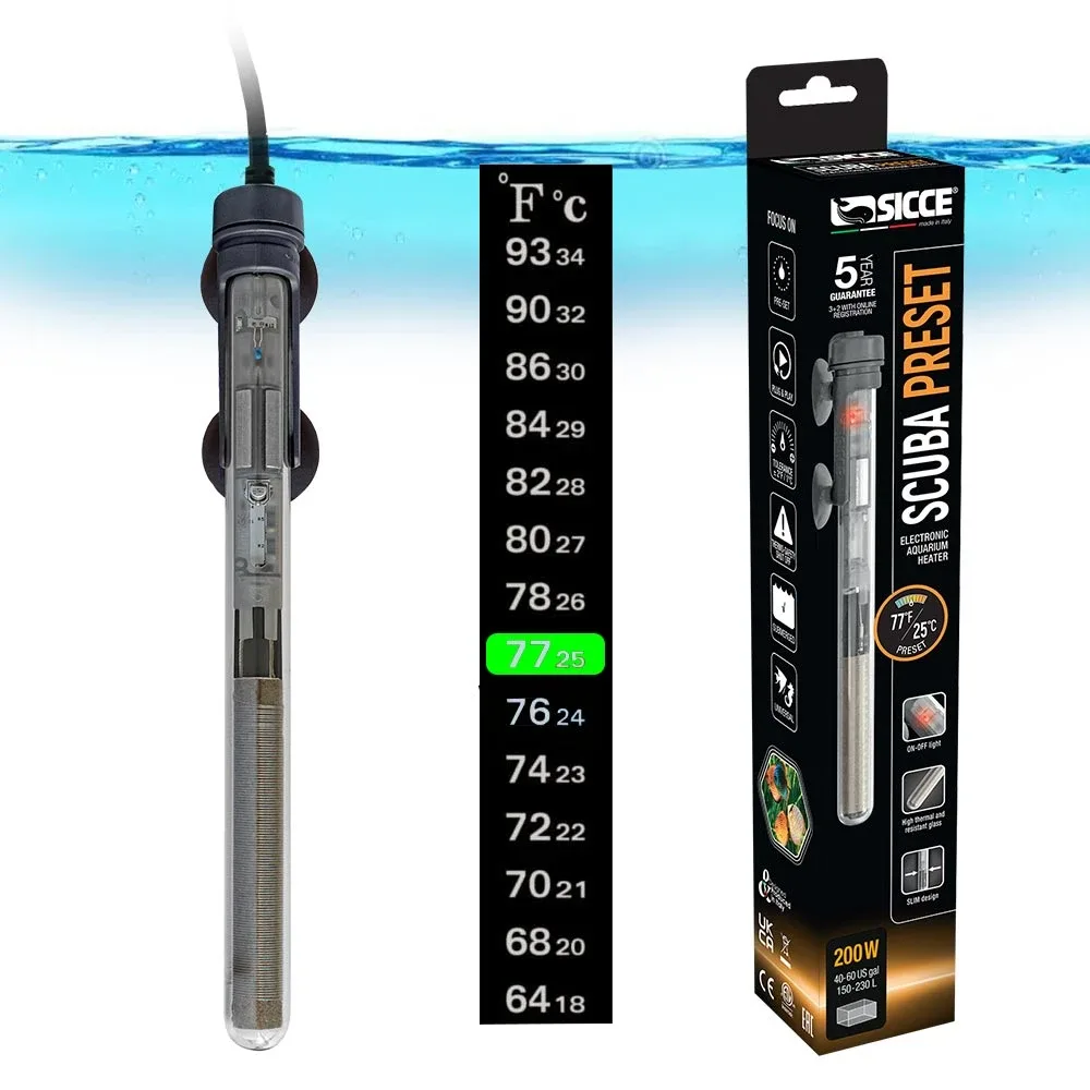 SICCE Scuba 200 Watt Aquarium Fish Tank Heater Preset at 77℉ For Up to 60 Gallons
