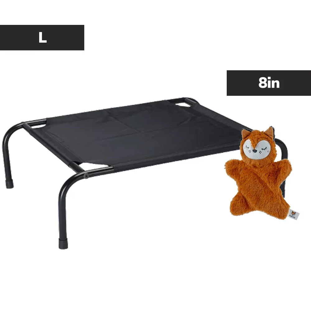 Skatrs Black Elevated Bed & Barkbutler x Fofos Glove Plush Fox Toy Dog Combo
