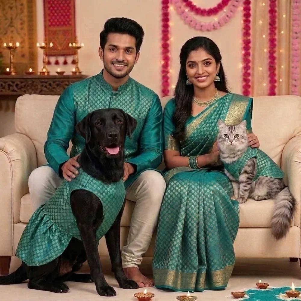 Skatrs Brocade Gold Printed Dress for Dogs and Cats (Teal) - Image 2