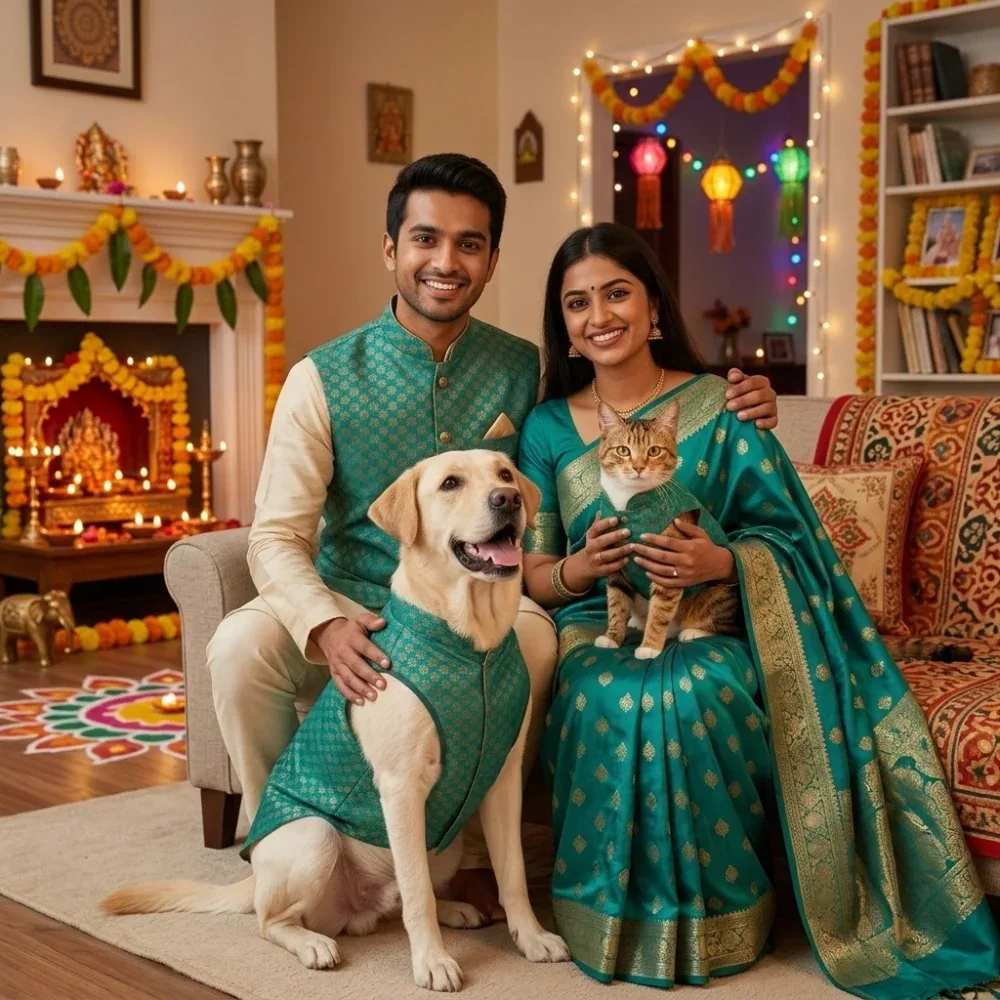 Skatrs Brocade Gold Printed Sherwani for Dogs and Cats (Teal) - Image 2
