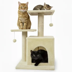 Skatrs Cat Tree with Sisal Rope, Scratching Post, Condo & Hanging Toys for Cats & Kittens (Beige)