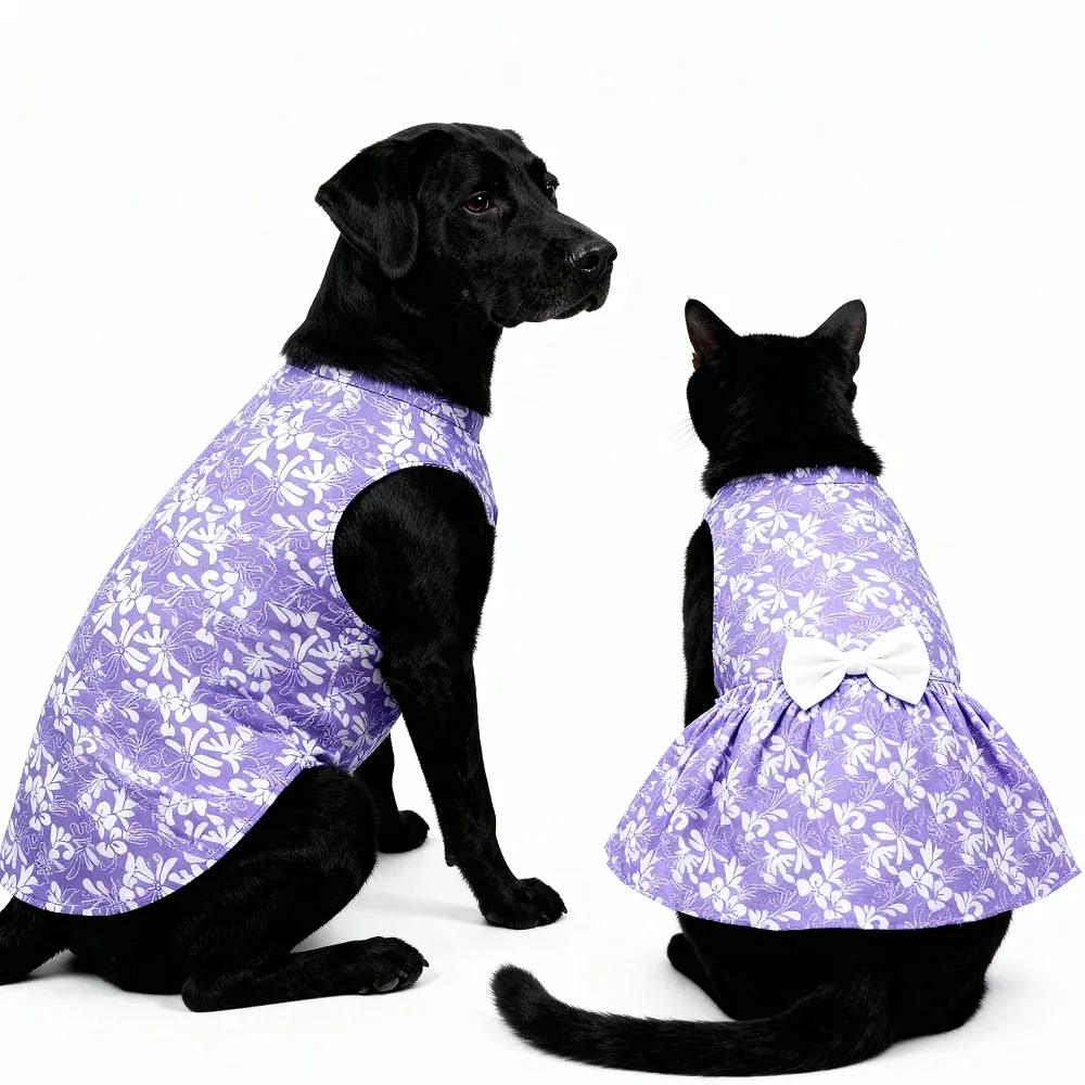 Skatrs Cotton Dress for Dogs and Cats (Lavender and White)
