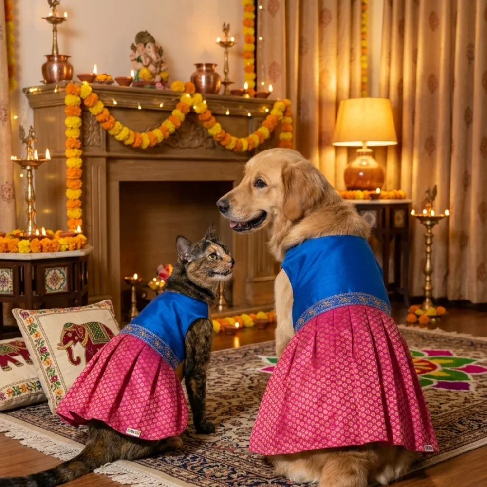 Skatrs Ethnic Lehenga Dress for Dogs and Cats (Royal Pink & Blue) - Image 2