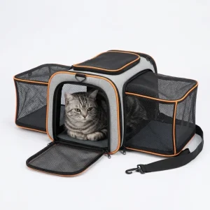 Skatrs Foldable Expandable Pet Travel Carrier Bag for Small Dogs, Adult Cats & Kittens (Grey with Orange)