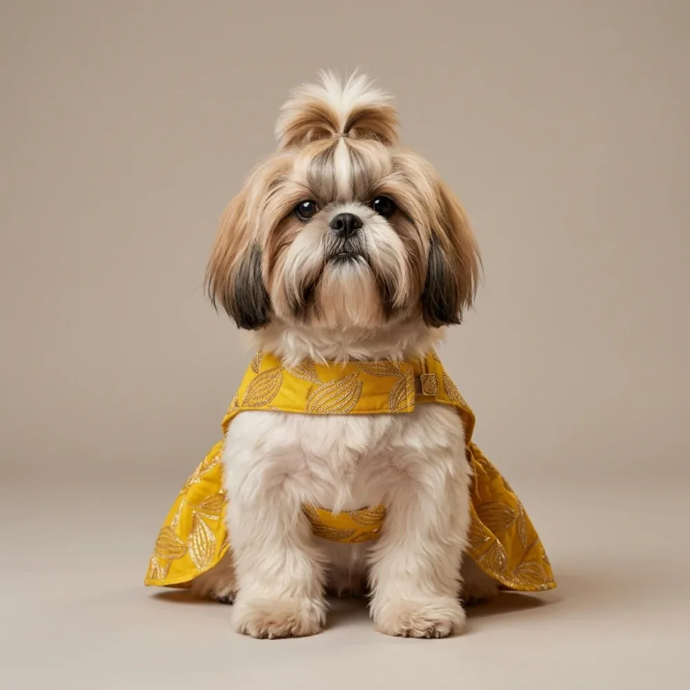 Skatrs Maharani Handcrafted Lehenga Dress for Dogs and Cats (Sunshine Gold) - Image 2