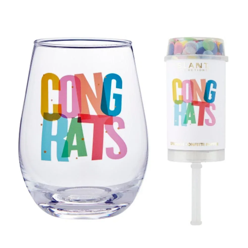 Slant Collections Congrats Wine Glass and Popper Gift Set