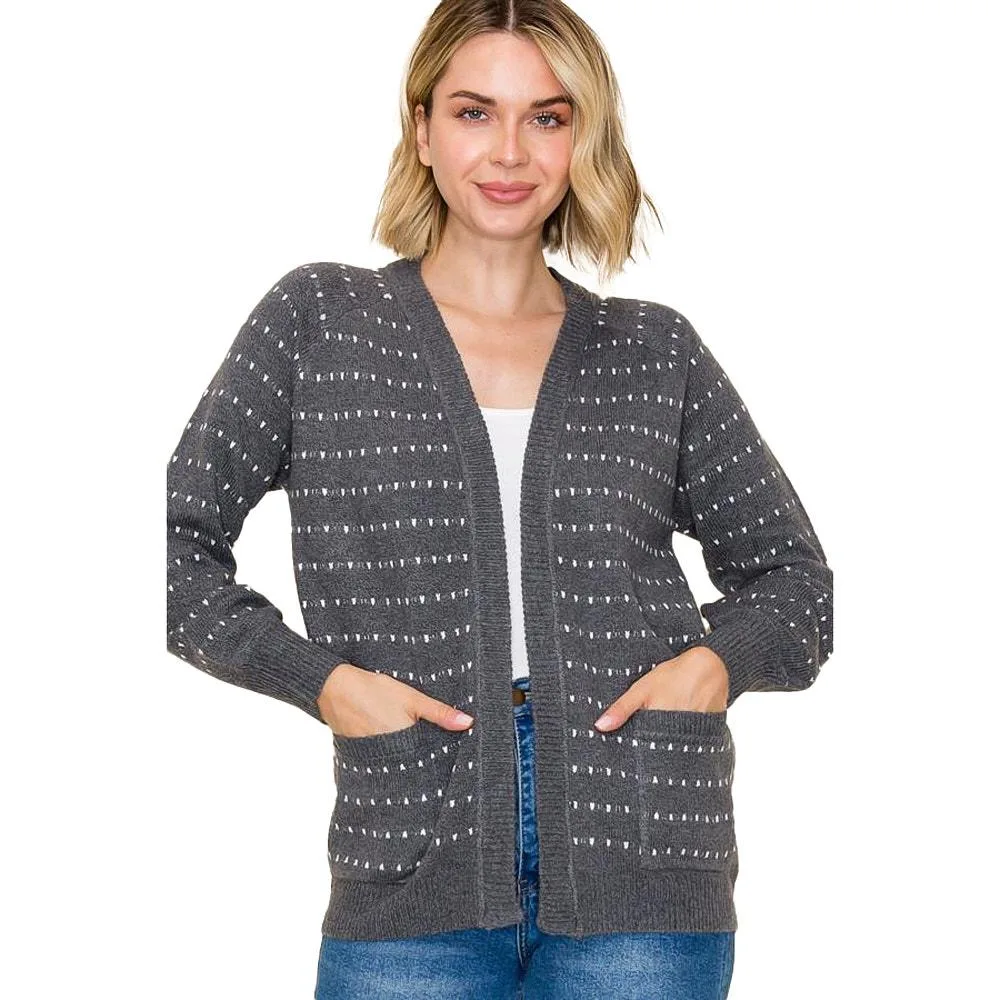 Staccato Women's Charcoal Dotted Striped Cardigan