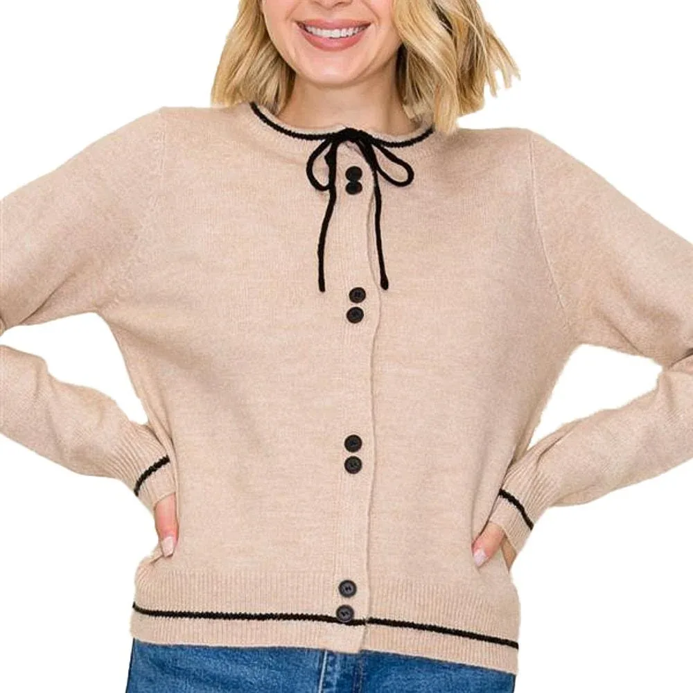 Staccato Women's Taupe Bow Neck Button Cardigan