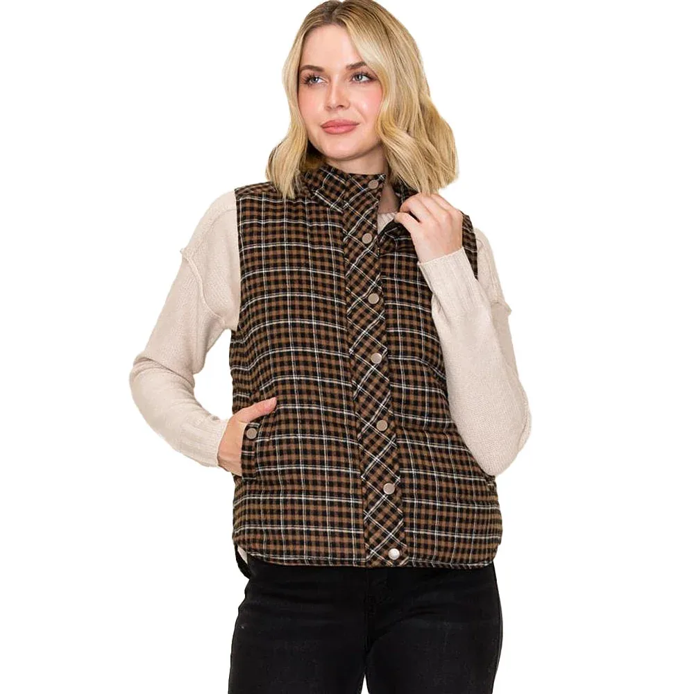 Staccato Women's Taupe Plaid Puff Vest - Image 2