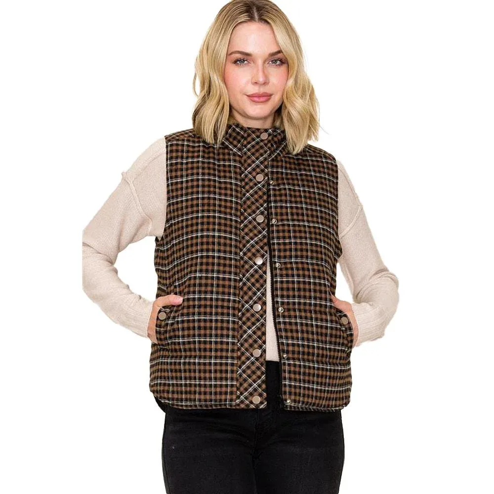 Staccato Women's Taupe Plaid Puff Vest