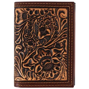 Tan Tooled Leather Trifold Wallet