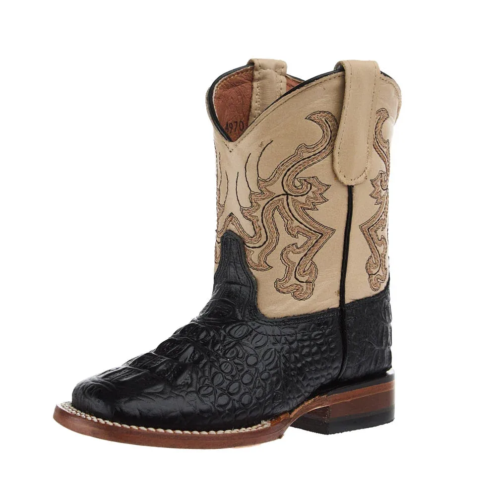 Tanner Mark Boots Kid's Black Hornback Caiman Print Vamp Vintage Tan Top