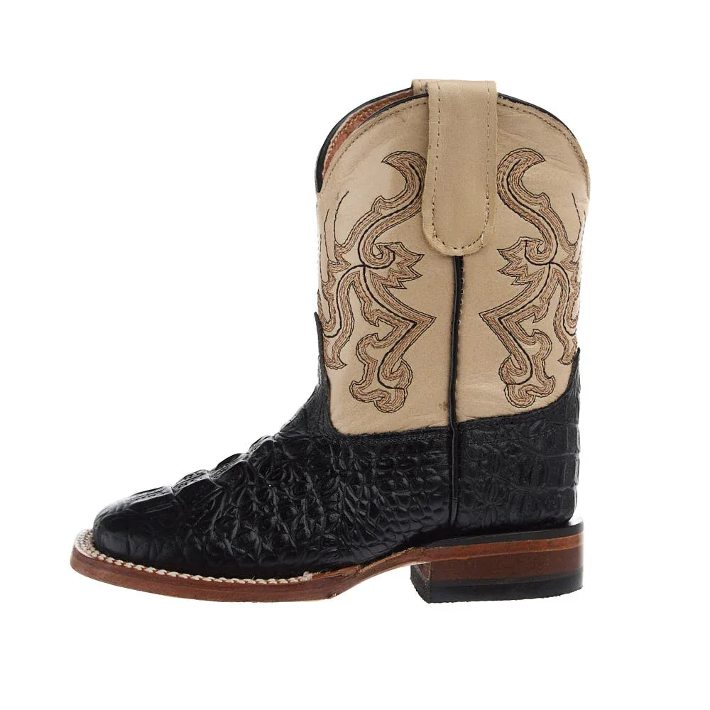Tanner Mark Boots Kid's Black Hornback Caiman Print Vamp Vintage Tan Top - Image 2