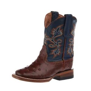 Tanner Mark Boots Kid's Cognac Ostrich Print Vamp Blue Top