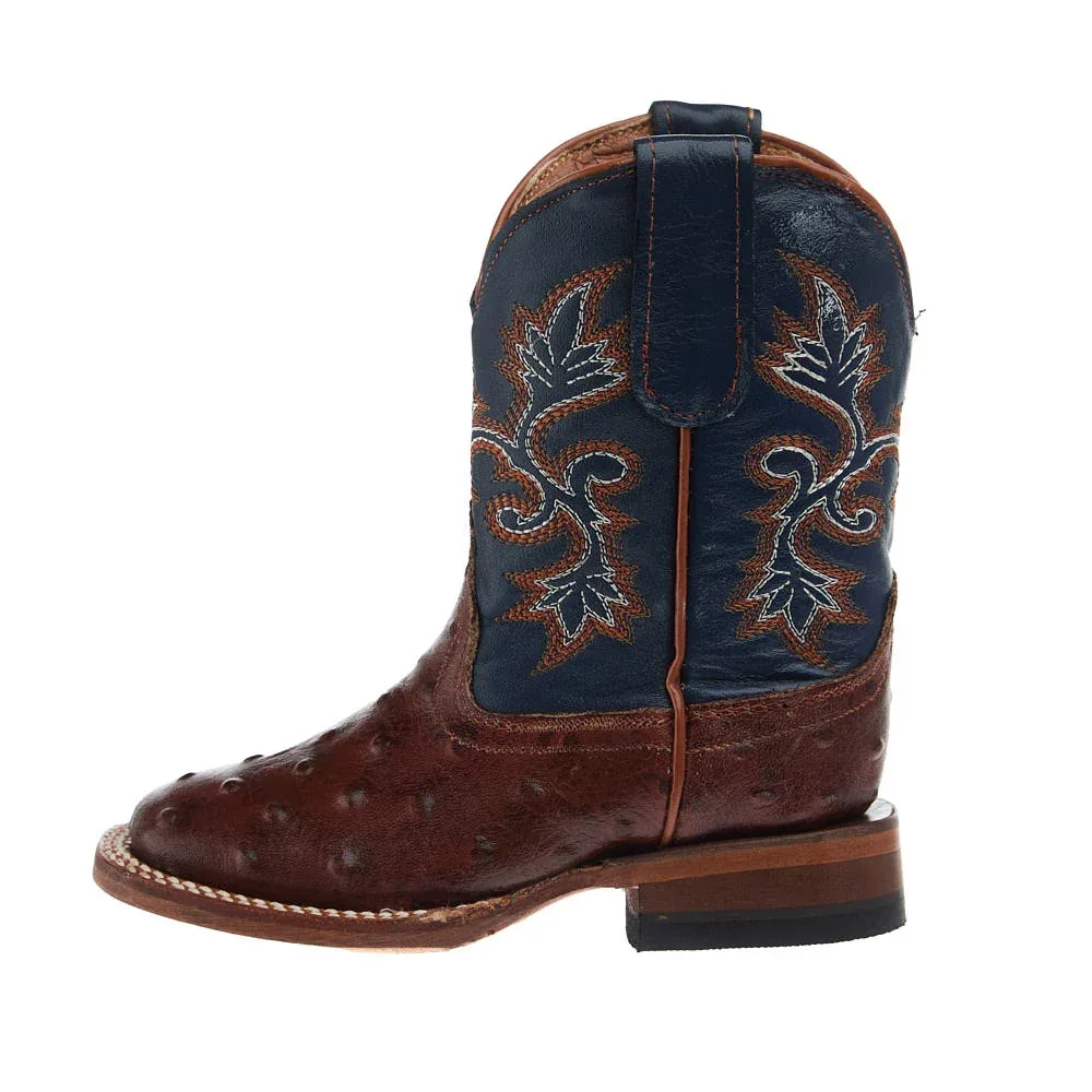 Tanner Mark Boots Kid's Cognac Ostrich Print Vamp Blue Top - Image 2