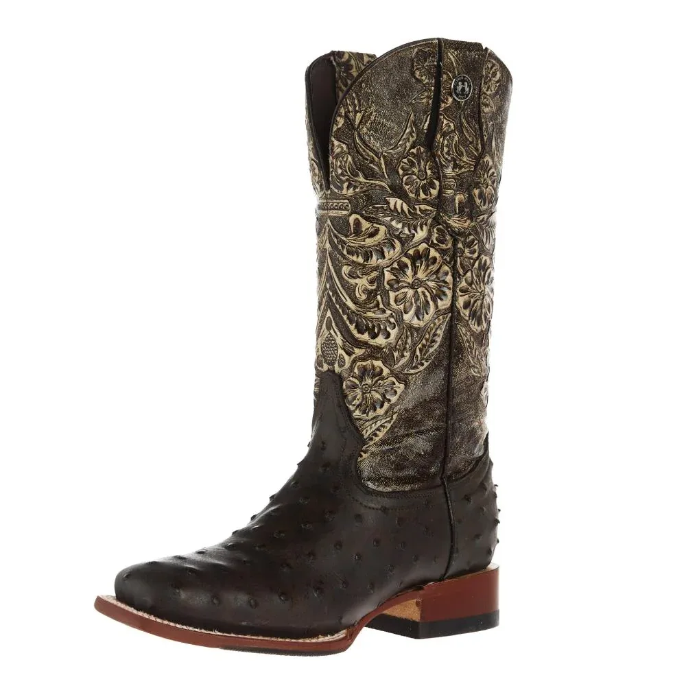 Tanner Mark Boots Womens Brown Ostrich Print With 12In Black Tooled Top Cowgirl Boots