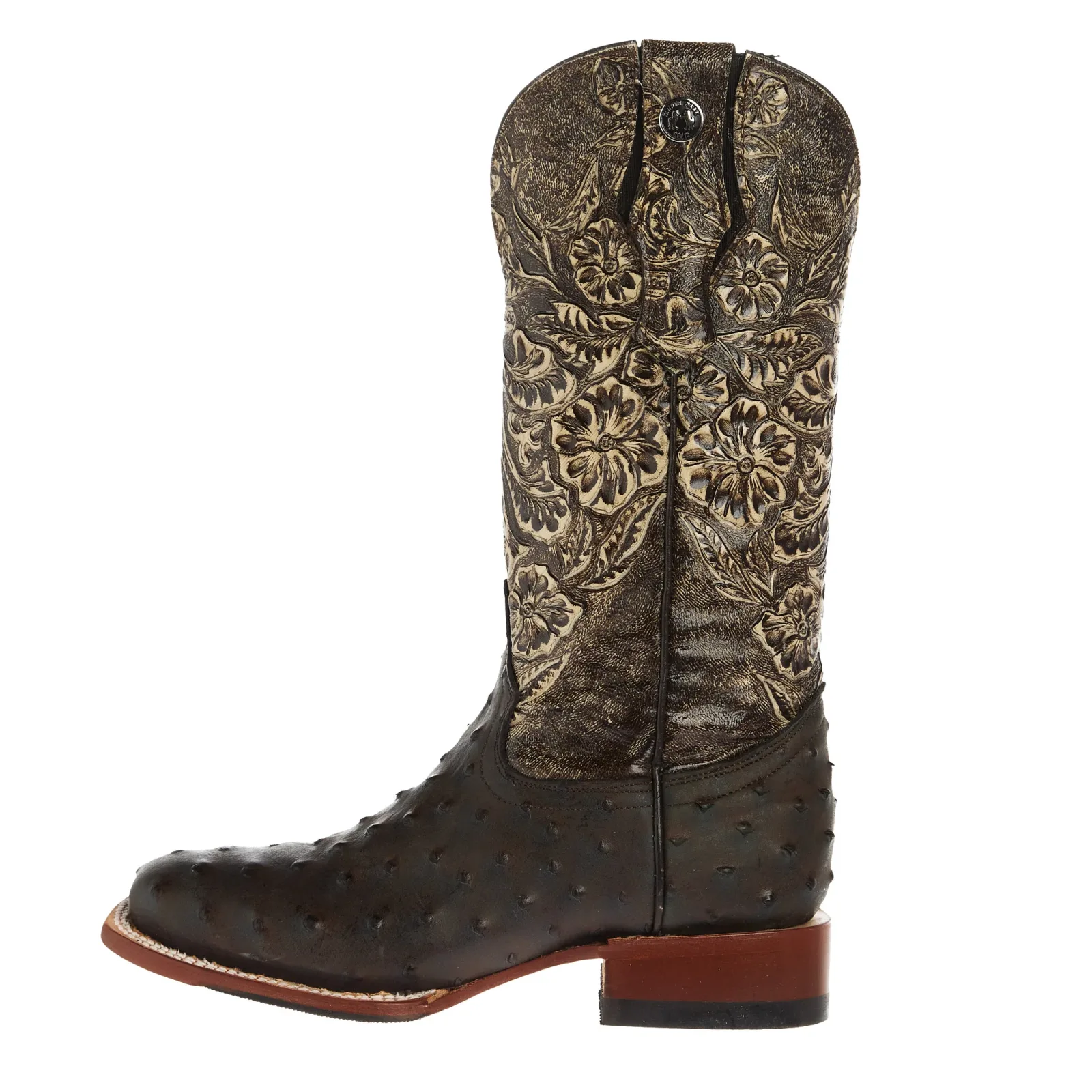 Tanner Mark Boots Womens Brown Ostrich Print With 12In Black Tooled Top Cowgirl Boots - Image 2