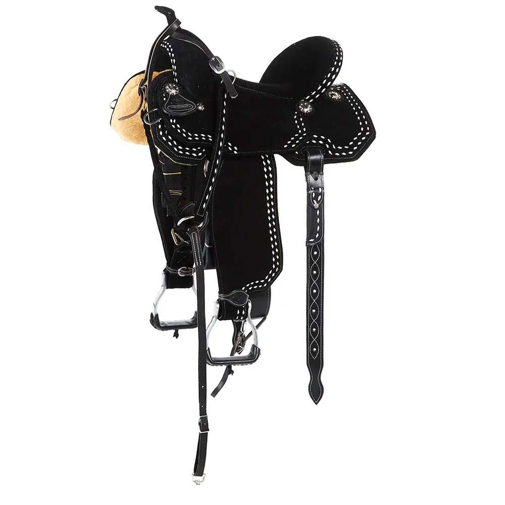 Tomahawk Black Suede with White Buckstitch Lightweight Barrel Saddle