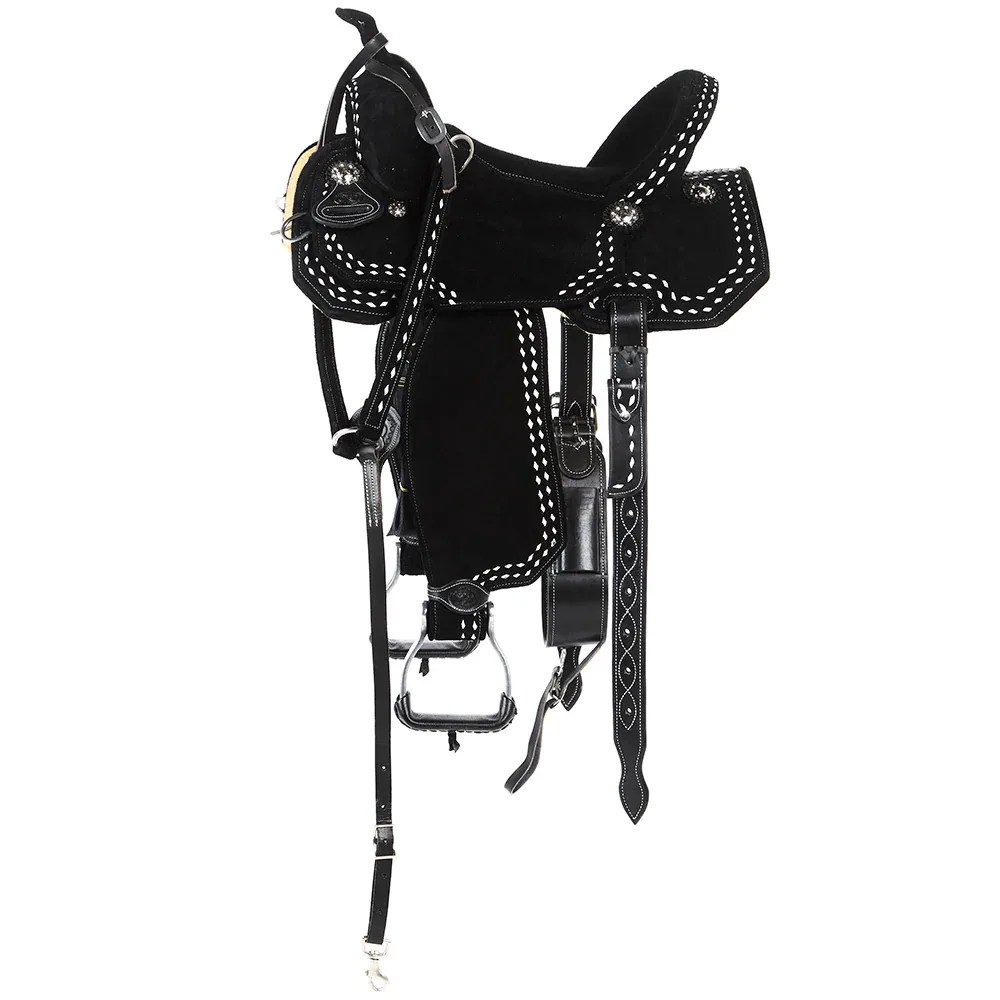 Tomahawk Black Suede with White Buckstitch Lightweight Barrel Saddle - Image 2