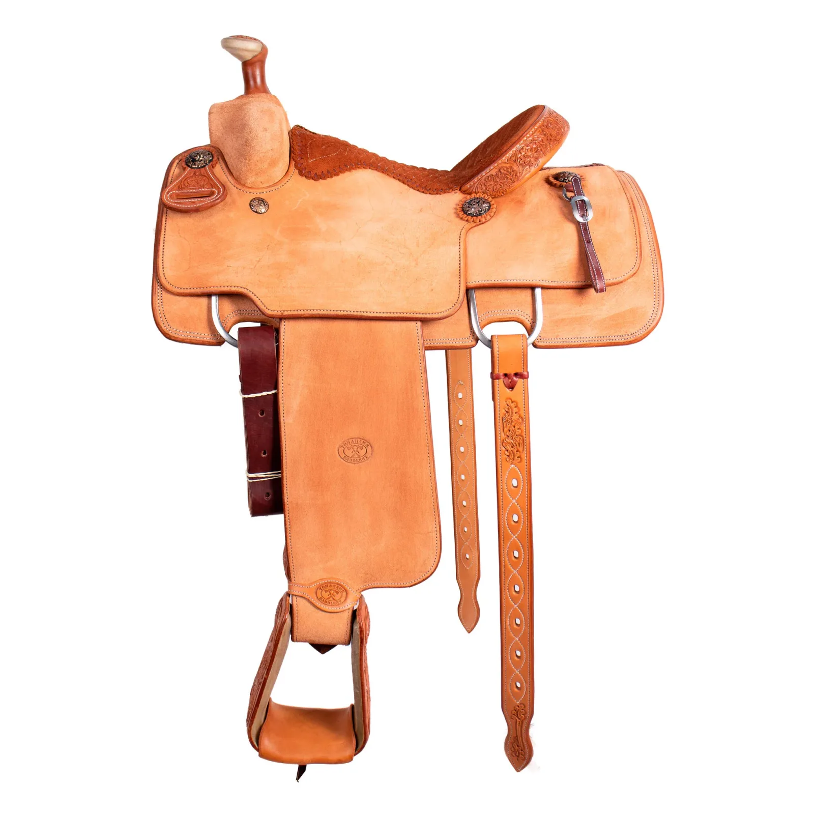Tomahawk Natural 1/8 Breed Floral with Full Rust Seat Calf Roping Saddle - Image 2
