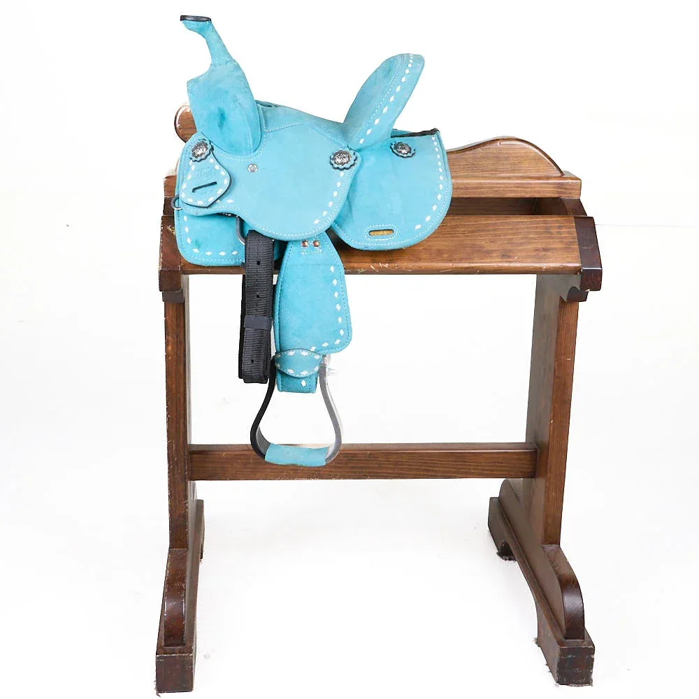 Tough 1 Used 10in Turquoise Suede Youth Barrel Saddle - Image 2