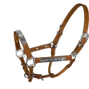 TuffRider Western Deluxe Show Halter with Engraved Silver Bar - Double Ply Leather Horse Halter for Competition