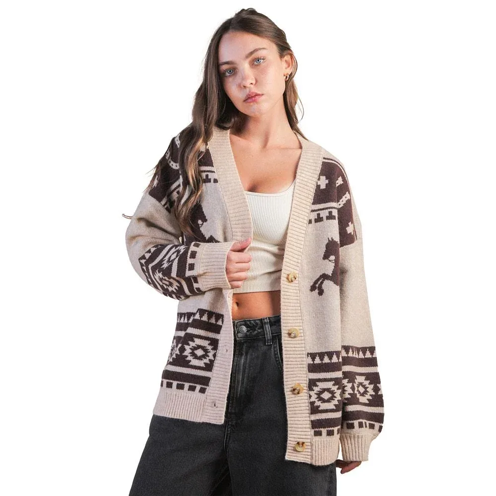 Very J Women's Taupe Oversized Western Graphic Cardigan
