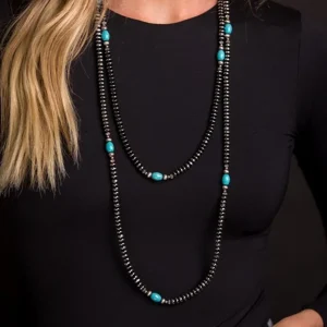 West And Company Black Silver Beaded Necklace With Turquoise Accents