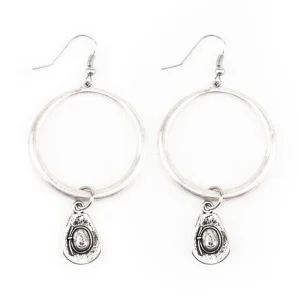 West And Company Silver Cowboy Hat Charm Hoop Earrings