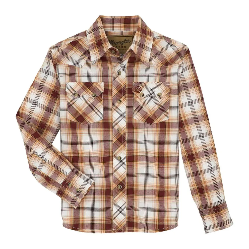 Wrangler Boys Brown Plaid Retro Long Sleeve Shirt