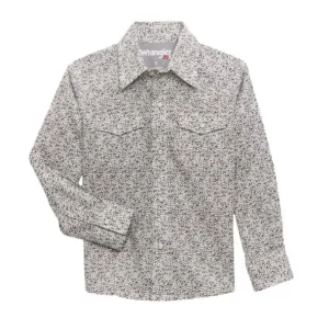 Wrangler Boys Grey/White Print Long Sleeve Snap Shirt