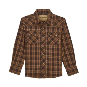 Wrangler Boy's Retro Brown Plaid Snap Shirt