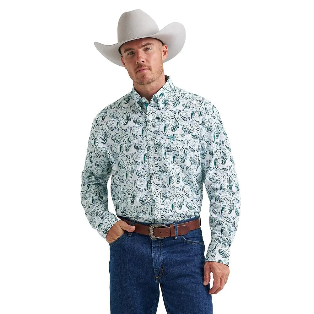 Wrangler George Strait Relaxed Fit White & Teal Paisley Shirt