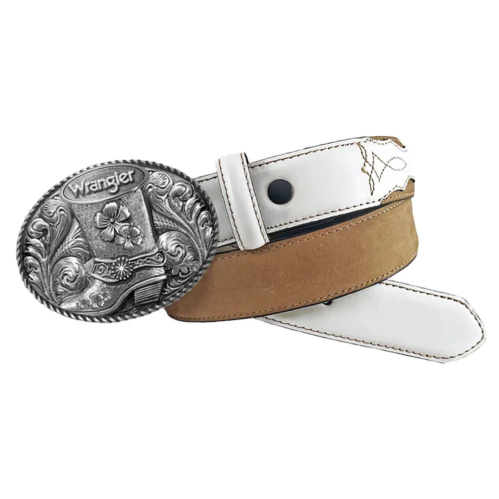 Wrangler Girl's Color Block Toe Bug Stitch Leather Tab Belt with Boot Buckle