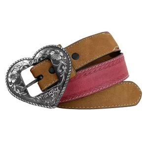 Wrangler Girl's Pink Distressed Inlay Belt with Heart Buckle