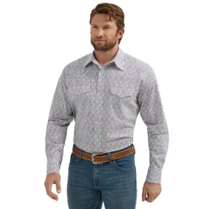 Wrangler Mens 20X Grey/White Print Long Sleeve Snap Shirt