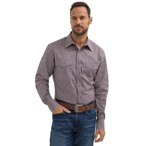 Wrangler Mens 20X Grey/Wine Print Long Sleeve Snap Shirt