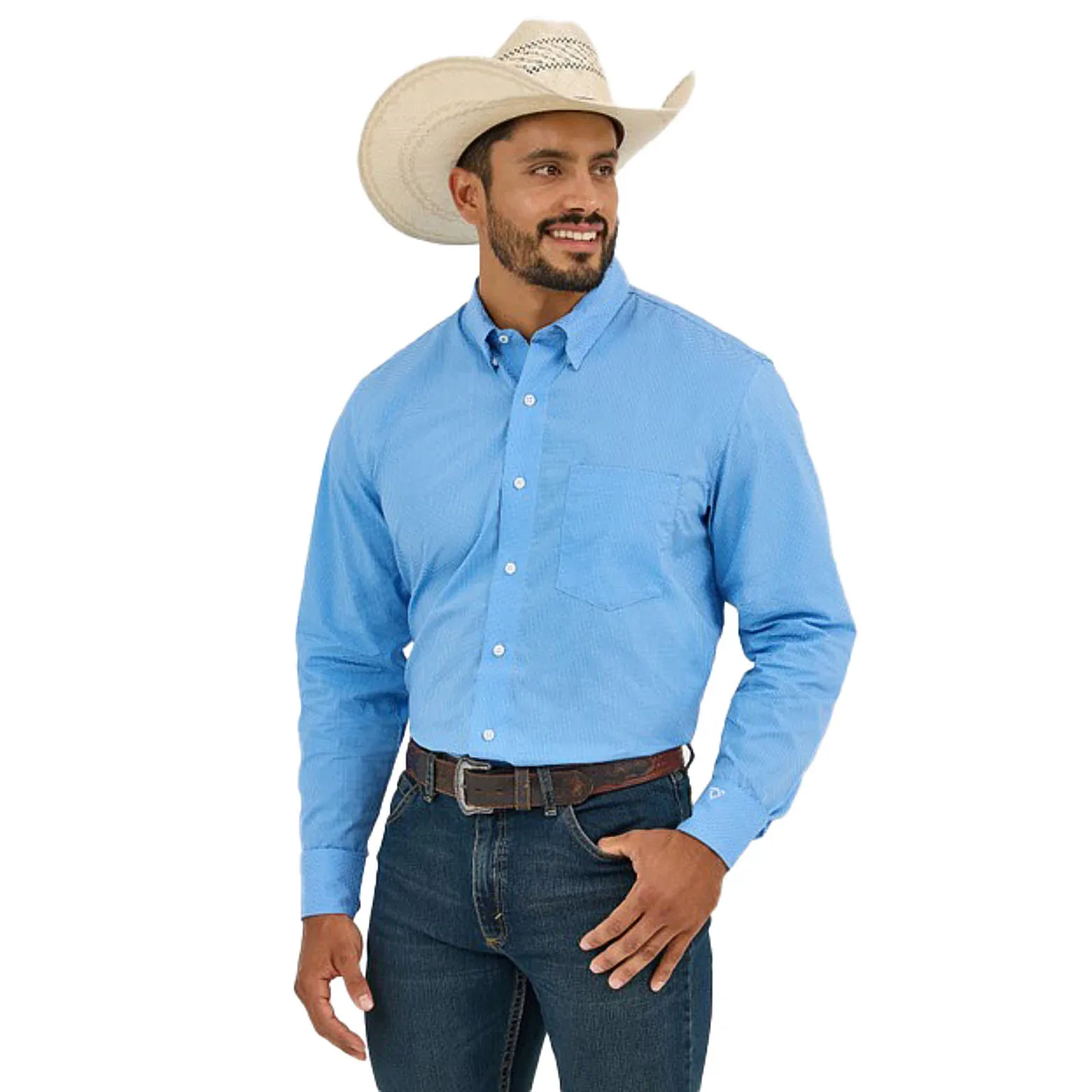 Wrangler Mens Cody Johnson Blue Polka Dot L/S Button Shirt - Image 2