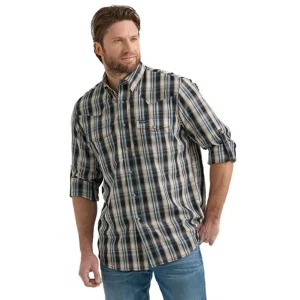 Wrangler Mens Performance Tan/Blk Plaid Shirt