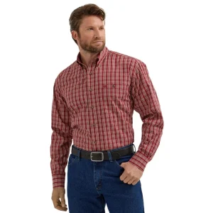 Wrangler Mens Red Plaid Long Sleeve Button Down Shirt